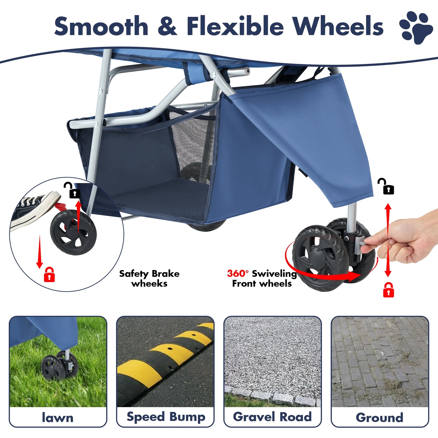 All Terrain Three Wheel Foldable Pet Stroller for Small Dogs and Cats