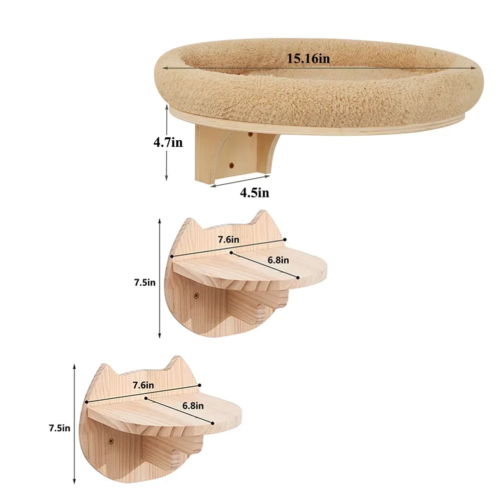 Solid Wooden Wall Mounted Cat Ladder And Hammock With Scratching Post