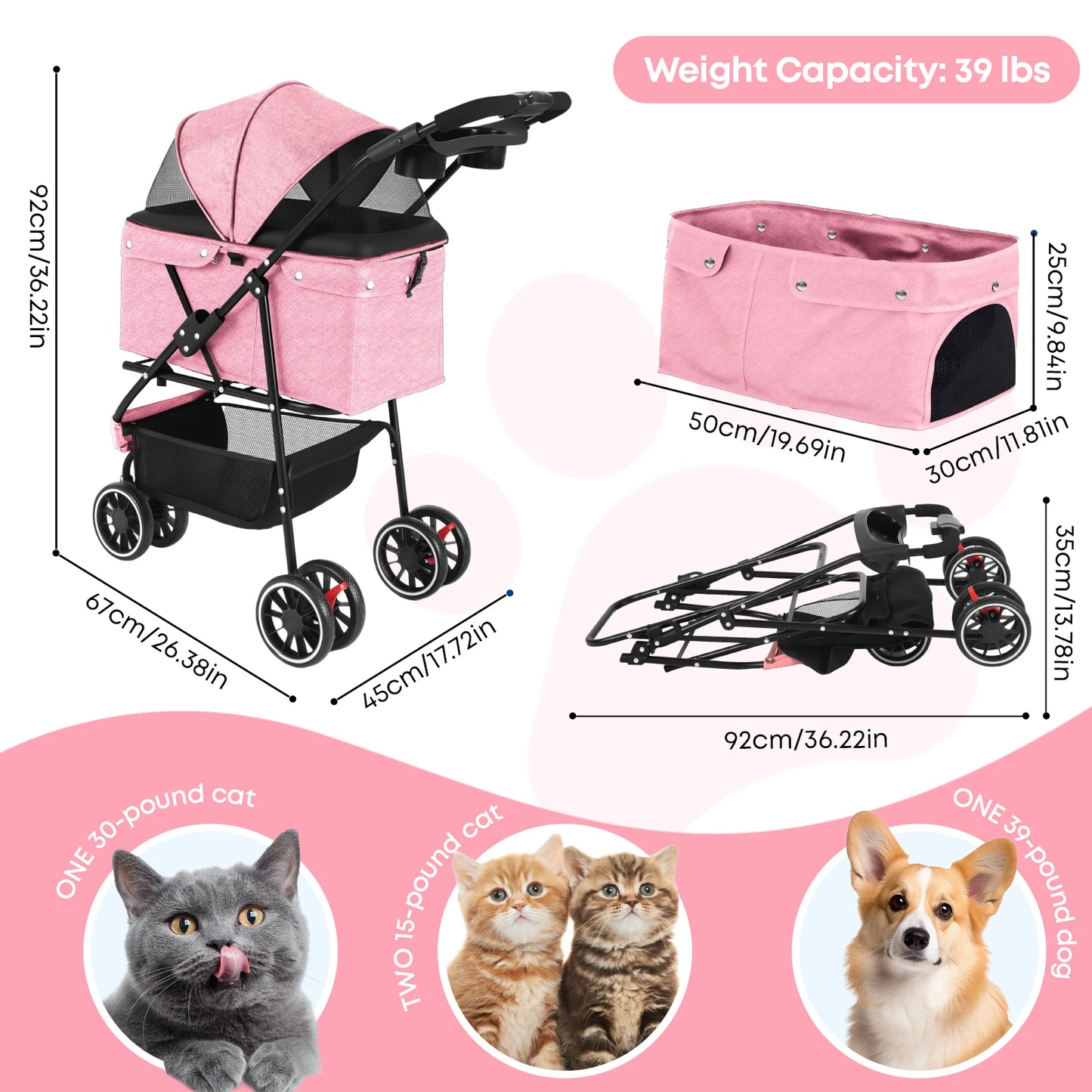 Chihuahua Pet Stroller for Small Dogs and Cats Foldable Carrier