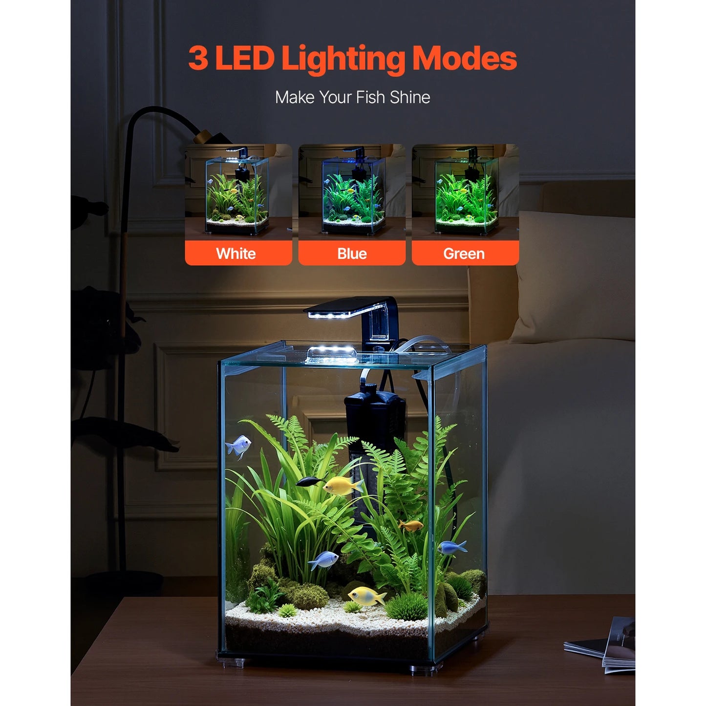 SucceBuy Ultra Clear Glass Aquarium Tank With Three Mode Lighting