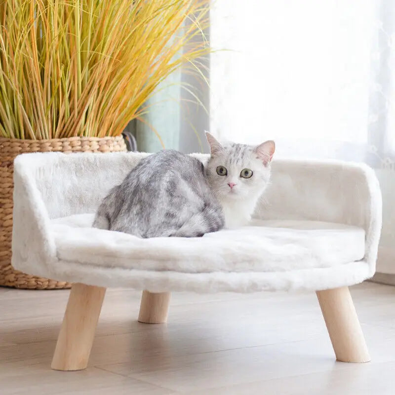 Soft Plush Cat Bed With Cushion Washable Wood Leg Design