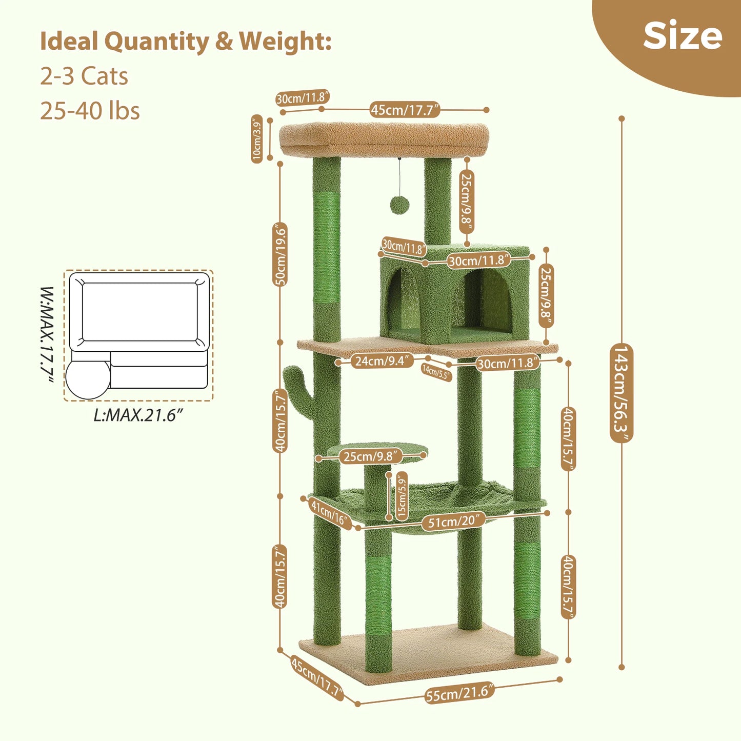 PAWZ Road Cactus Cat Tree Tower With Plush Metal Hammock