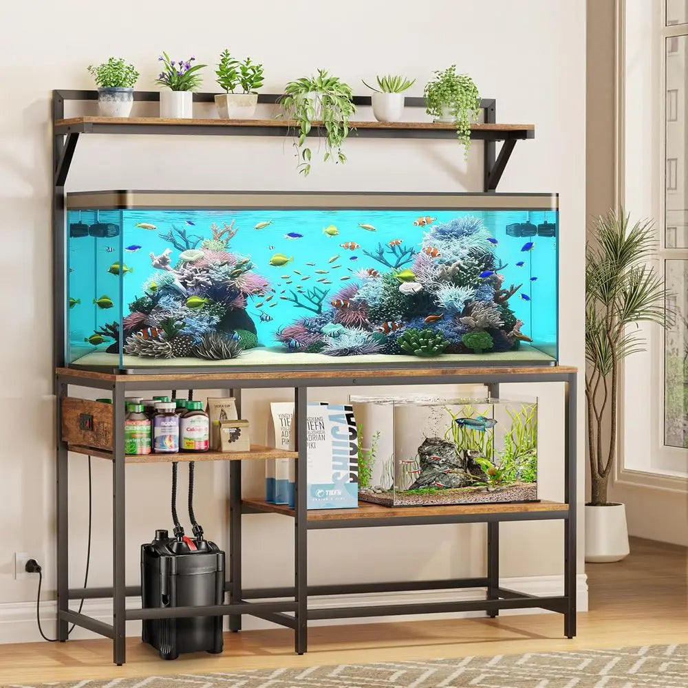 Sturdy Aquarium Stand With Power Outlet And 6-Leg Support Shelves