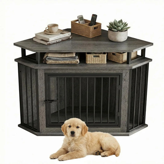 Corner Dog Crate With Two Tier Shelves Wood Kennel Enclosure
