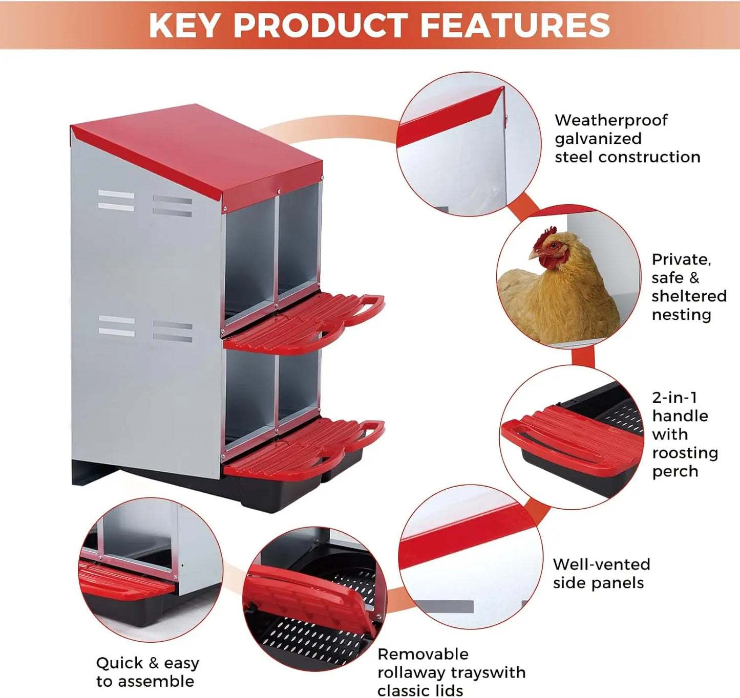 HiMISS Chicken Nesting Box 4 Compartment Roll Away Egg Collection
