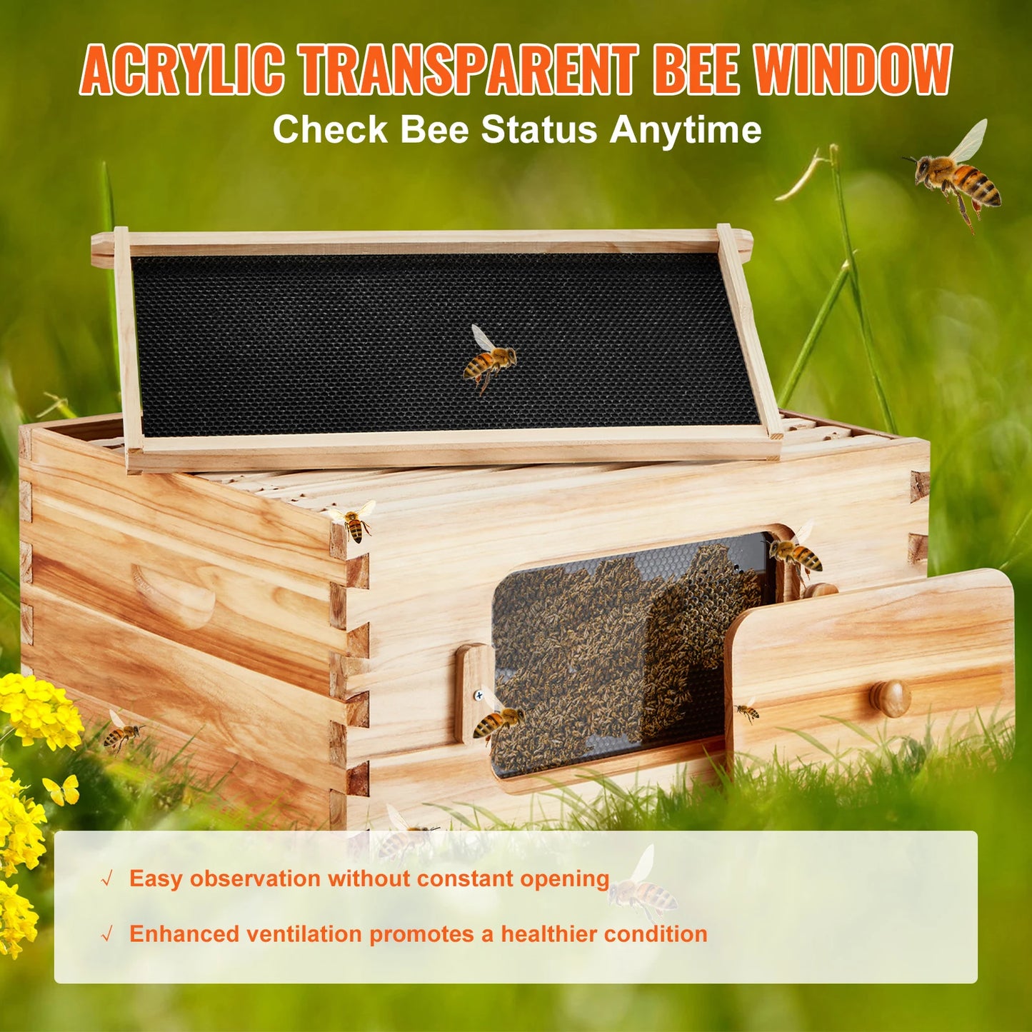 SucceBuy Bee Hive Deep Box Starter Kit 100% Beeswax Coated Natural Cedar Wood Langstroth Beehive Kit Transparent Acrylic