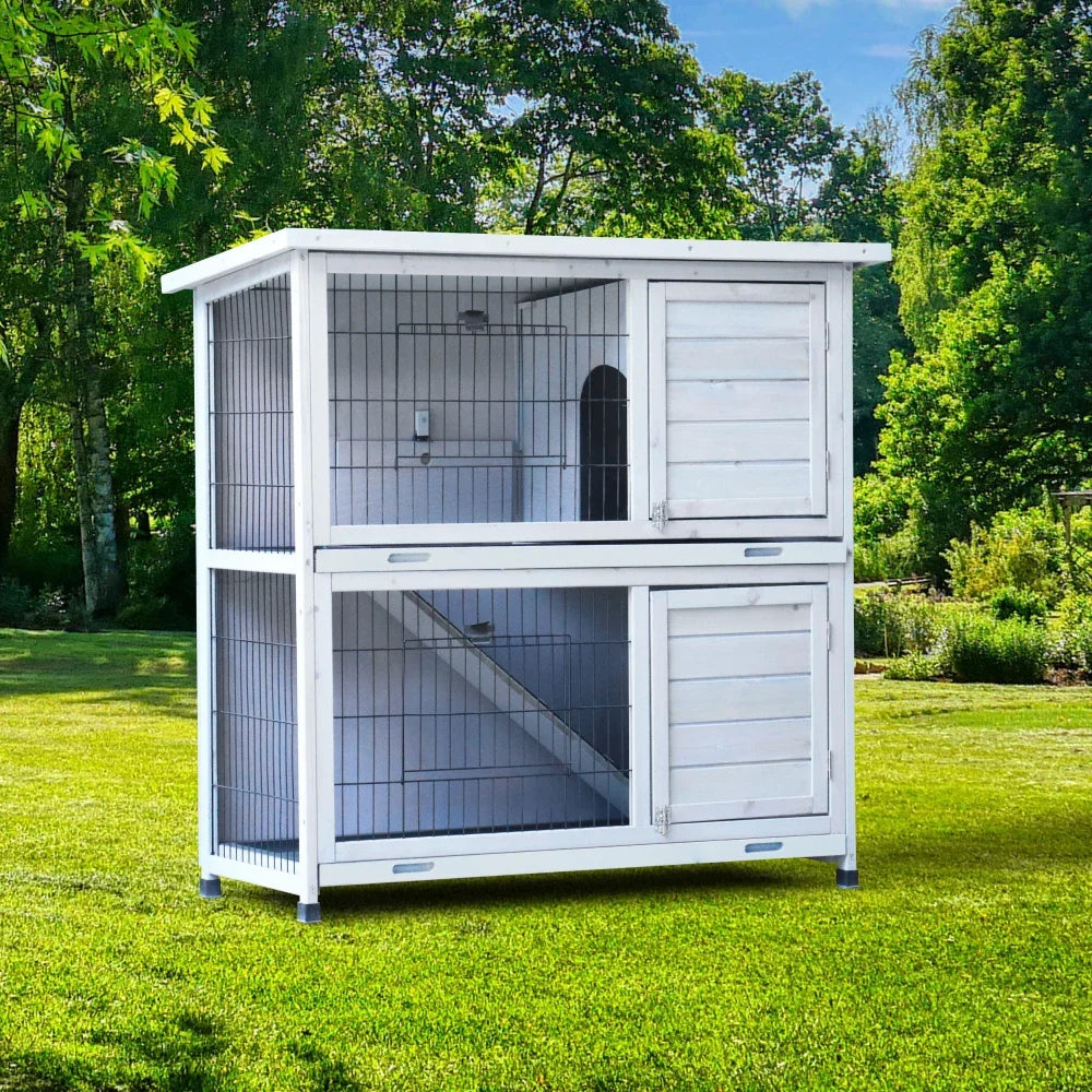 Rabbit Hutch Outdoor 2-Story Cage With Run And Removable Trays