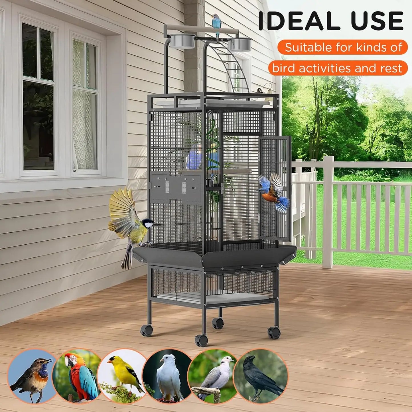 HiMISS Parrot Cage Rolling With Play Top And Bowls