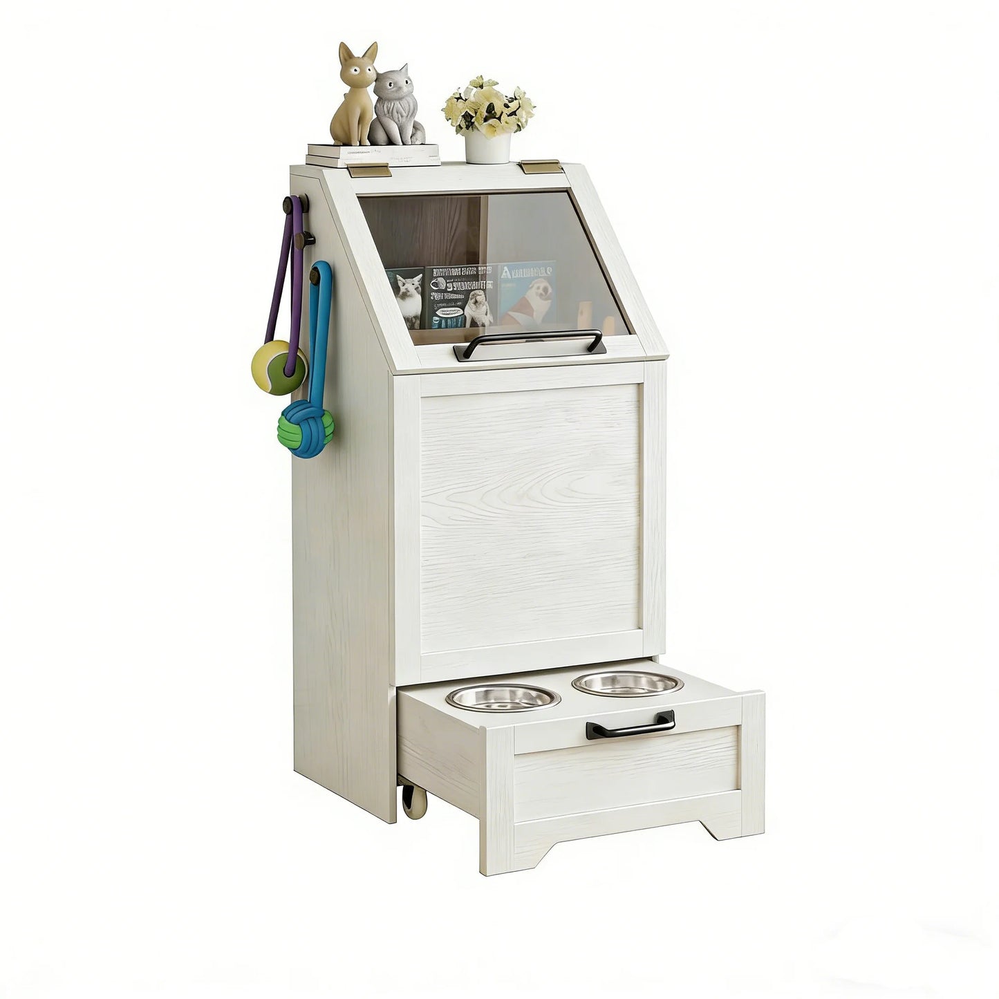HiMISS Dog Food Station With Storage Raised Bowls And Hanger