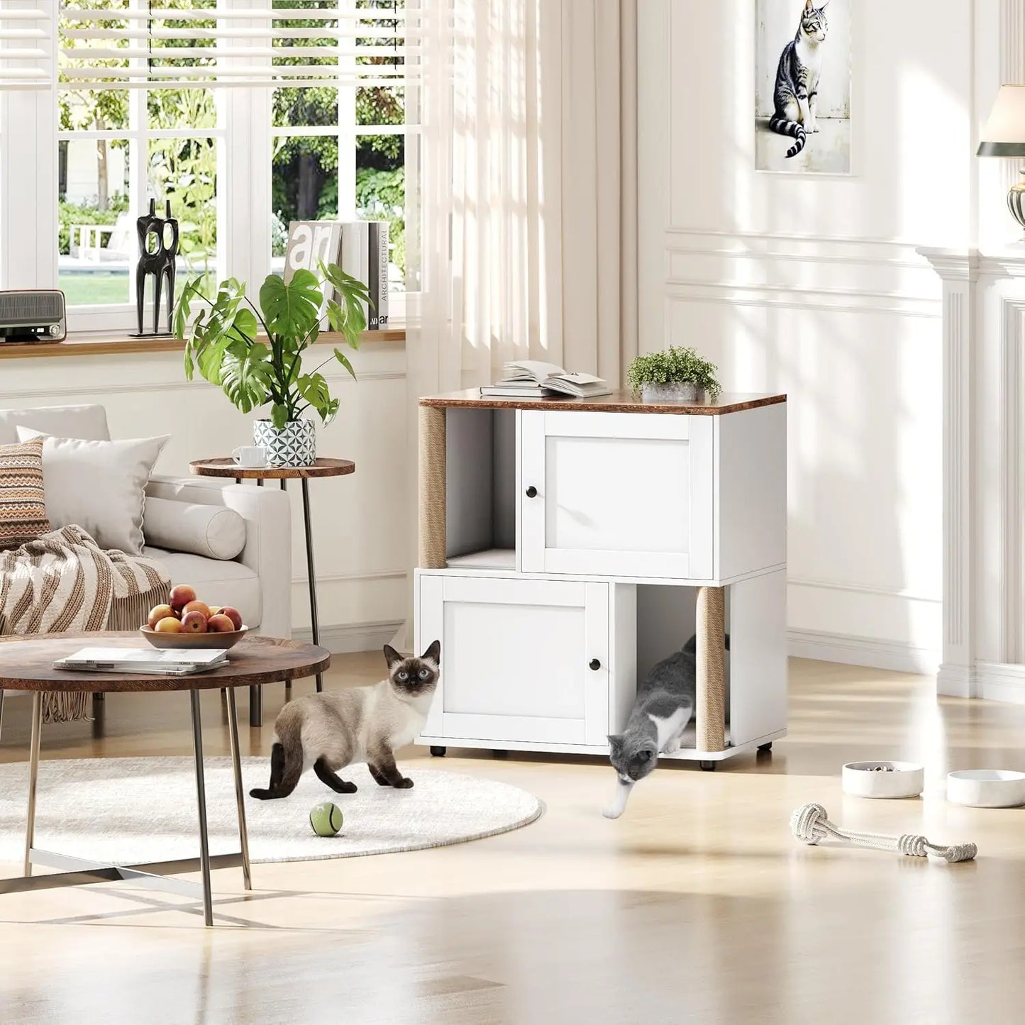 HiMISS Cat Litter Box Enclosure With Double Layer Cabinet And Sisal Post