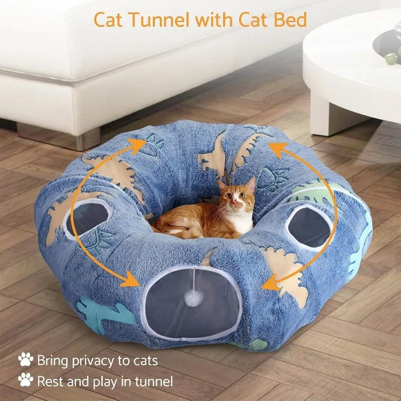 Foldable Cat Tunnel With Peekaboo Cave And Plush Bed